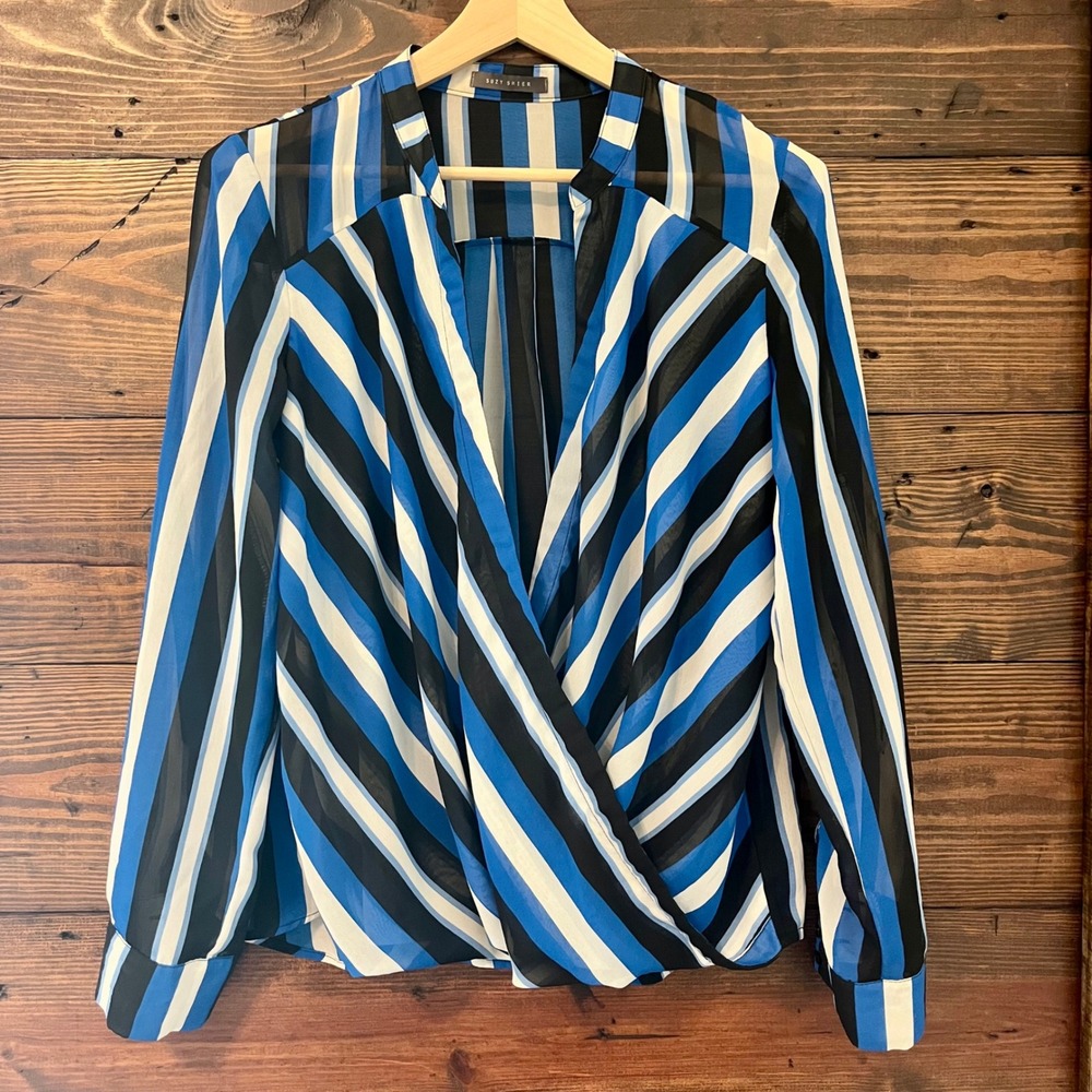 Suzy Shier Blouse Womens XL Blue Black White Wrap Front Roll Tab Office Chic
